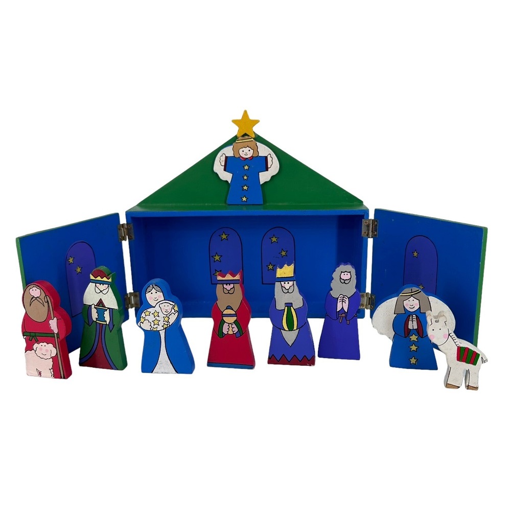 1995 Holiday Workshop Christmas Follies 9 PC Nativity A Hand Painted Wood Deco